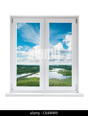 White plastic double door window isolated on white background with view to tranquil landscape Stock Photo