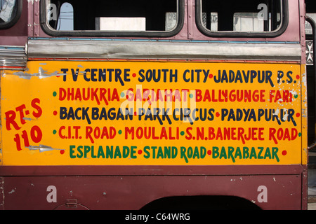 Destination sign on local bus Kolkata India Stock Photo