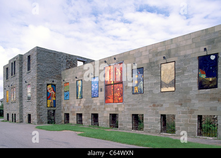 Caraquet, New Brunswick, Canada - Artwork on Facade Remains / Ruins at Place du Vieux Couvent (Old Convent) Stock Photo