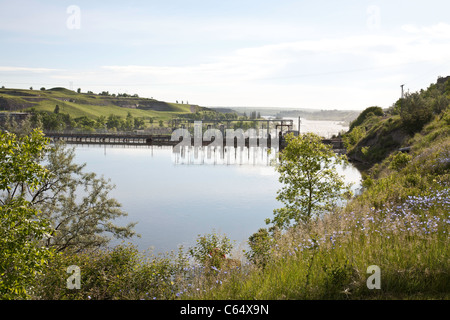 Missouri River and Elks Riverside Park Above Black Eagle Falls Dam, Great Falls, MT Stock Photo