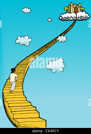 Person in gown climbs golden staircase to heaven Stock Photo