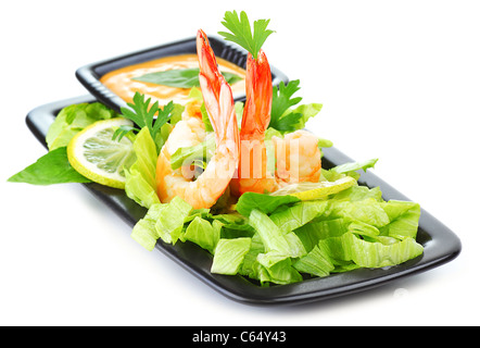 Green salad with shrimps isolated on white background, healthy eating concept Stock Photo