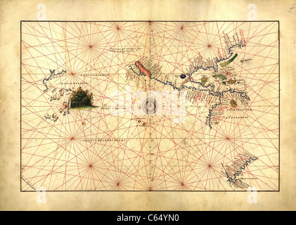 Pacific Ocean - Antiquarian Map or Portolan Chart from 16th Century Portolan Atlas Stock Photo
