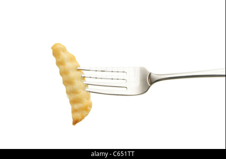 Crinkle cut potato chip on a fork isolated against white Stock Photo