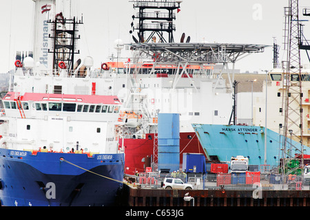 Oil rig supply vessels in Aberdeen docks on the north east of Scotland, the UK's oil and gas capital Stock Photo