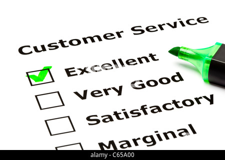 Customer service evaluation form with green tick on Excellent with felt tip pen.