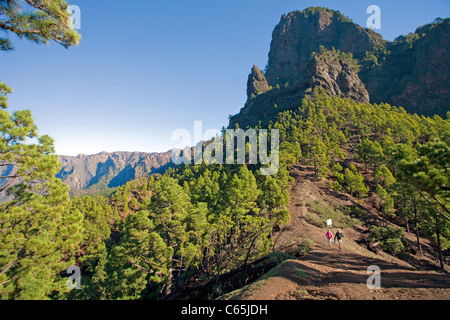 Hiker at mountain La Cumbrecita at National park Caldera de Taburiente, La Palma, Spain, Canary islands, Europe, Atlantic ocean Stock Photo