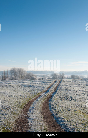 Track leading through a hoar frost covered field in rural England during Winter. Stock Photo