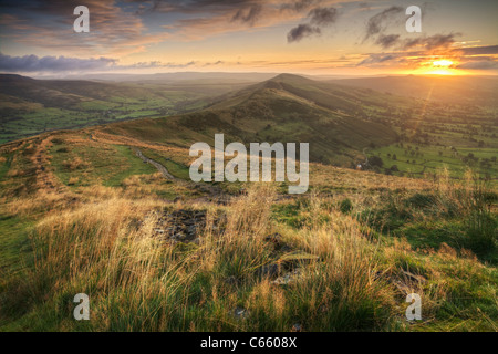View of Hollins Cross from Mam Tor, Dark Peak, The Peak District, Derbyshire Stock Photo
