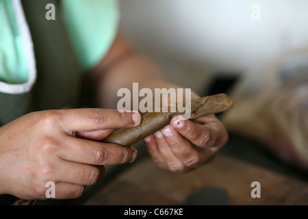 A man hand-rolling a puro (cigar), at the Doña Elba brand on Calle la Libertad. Granada, Nicaragua, Central America Stock Photo