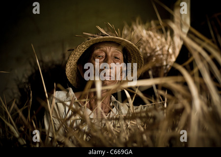 Balinese farmer weaving a traditional wicker basket. Stock Photo