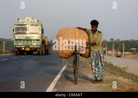 Young man struggles with heavy sack on bicycle up a busy highway at sunset in West Bengal India Stock Photo