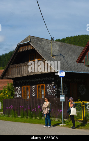 Bus stop along main street of Čičmany village Žilina region Slovakia Europe Stock Photo
