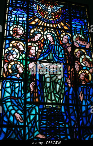 Elaborate detail of stain glass window inside the Iglesia de la Merced. Stock Photo