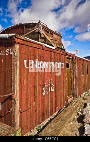 Rhyolite is a ghost town in Nye County, in the U.S. state of Nevada. It is located in the Bullfrog Hills. Stock Photo