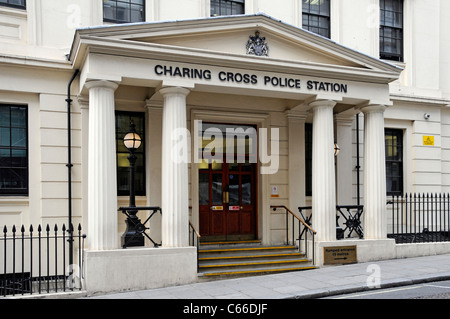 London street Charing Cross Metropolitan Police Station Agar Street entrance portico and colonnade with steps & sign for wheelchair access England UK Stock Photo