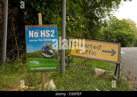 Roadside verge no HS2 and diverted traffic sign in Chalfont St Giles Bucks UK Stock Photo