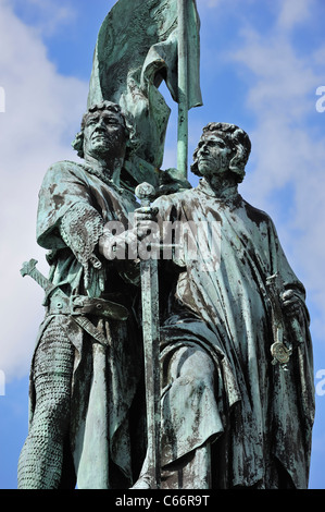 Statue of Jan Breydel and Pieter De Coninck at the Market square / Grote Markt in Bruges, Belgium Stock Photo