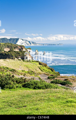 The Beautiful White Cliffs and Three Sisters Stacks Tasman Sea North Taranaki Bight Tongaporutu North Island New Zealand NZ Stock Photo