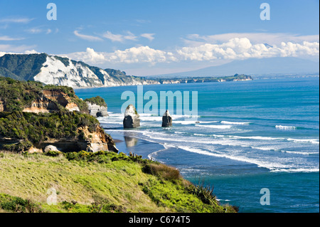 The Beautiful White Cliffs and Three Sisters Stacks Tasman Sea North Taranaki Bight Tongaporutu North Island New Zealand NZ Stock Photo