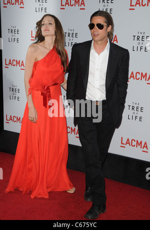 Angelina Jolie (wearing a Jenny Packham gown), Brad Pitt at arrivals for THE TREE OF LIFE Screening at LACMA, Bing Theatre, Los Stock Photo