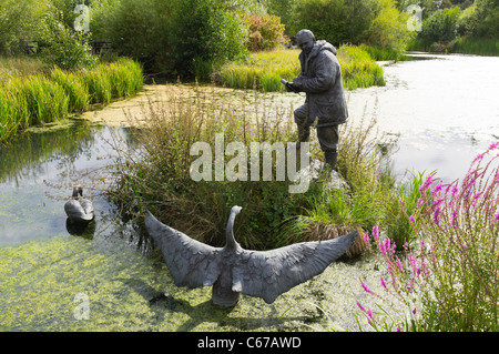 London Wetland Centre, Barnes - WWT site. Statue of Sir Peter Scott founder of the Wildlife and Wetlands Trust. Stock Photo
