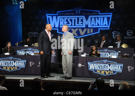 Dwayne The Rock Johnson, John Cena in attendance for WRESTLEMANIA XXVII Press Conference, Hard Rock Cafe, New York, NY March 30, 2011. Photo By: Rob Rich/Everett Collection Stock Photo