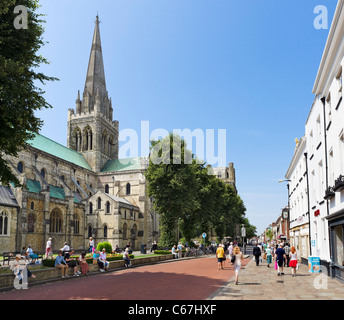 Cathedral and shops on West Street in the city centre, Chichester, West Sussex, England, UK Stock Photo