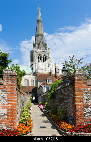 Chichester Cathedral and S Richard's Walk from Canon Lane, Chichester, West Sussex, England, UK Stock Photo