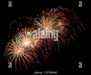 Red, green and gold fireworks from the British Firework Championships 2011 Stock Photo