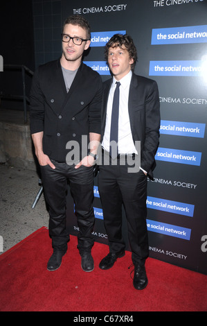 Justin Timberlake, Jesse Eisenberg at arrivals for Columbia Pictures and the Cinema Society Special Screening of THE SOCIAL NETWORK, School of Visual Arts (SVA) Theater, New York, NY September 29, 2010. Photo By: Rob Rich/Everett Collection Stock Photo