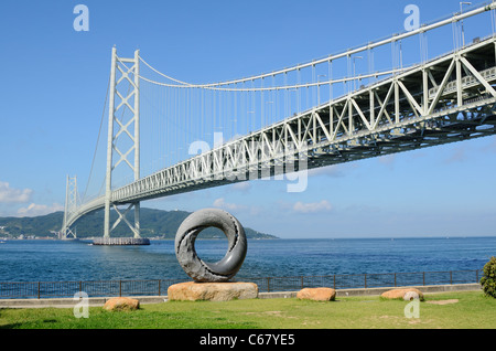 Akashi Kaikyo Bridge, also known as Pearl Bridge, is the longest suspension bridge in the world, located in Kobe, Japan. Stock Photo