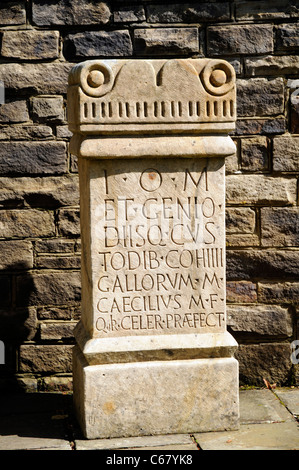 Replica Roman altar to Jupiter at Vindolanda Open Air Museum , near Hadrian's Wall, UK Stock Photo