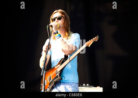 Tame Impala lead singer Kevin Parker (lead guitar and vocals) performing on stage during FIB Music Festival in Benicassim, 2011 Stock Photo