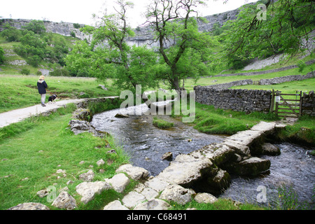 Stone clapper bridge over Malham Beck stream Malham Cove, Yorkshire, Yorkshire Dales National Park, England, UK Stock Photo