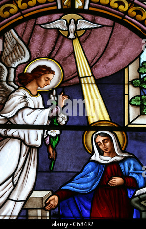 Intricate stained glass windows inside Iglesia Santa Lucia in the Plaza de Armas. Lima, Peru, South America Stock Photo