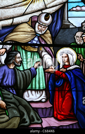 Intricate stained glass windows inside Iglesia Santa Lucia in the Plaza de Armas, Lima, Peru, South America Stock Photo