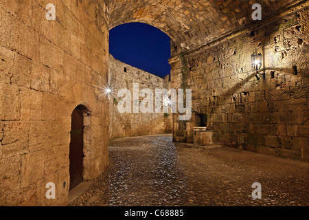 Night view of the Gate d' Amboise of of the main gates of the Medieval town of Rhodes, Greece Stock Photo