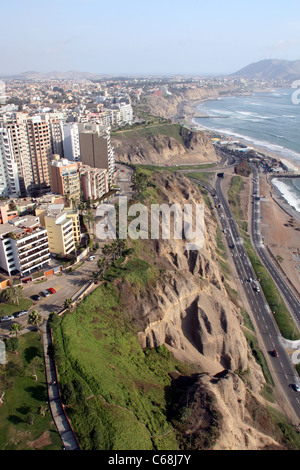 Aerial view of Miraflores and its coastal cliffs bordering the Pacific Ocean. Miraflores, Lima, Peru South America Stock Photo