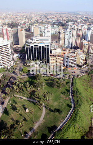 Aerial view of Miraflores and its coastal cliffs bordering the Pacific Ocean. Miraflores, Lima, Peru South America Stock Photo