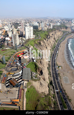 Aerial view of Miraflores and its coastal cliffs bordering the Pacific Ocean. Miraflores, Lima, Peru, South America Stock Photo