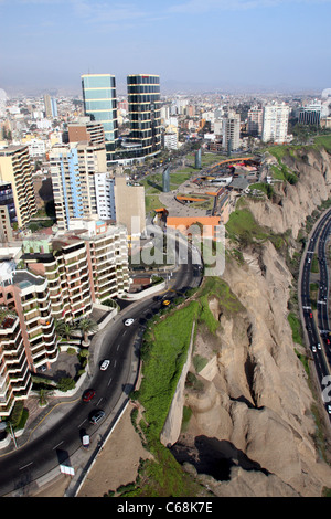 Aerial view of Miraflores and its coastal cliffs bordering the Pacific Ocean. Miraflores, Lima, Peru, South America Stock Photo