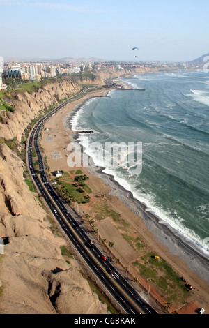 Aerial view of Miraflores and its coastal cliffs bordering the Pacific Ocean. Miraflores, Lima, Peru South America Stock Photo