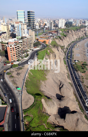 Aerial view of Miraflores and its coastal cliffs bordering the Pacific Ocean. Miraflores, Lima, Peru South America Stock Photo