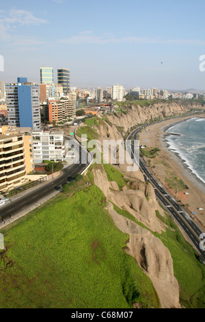 Aerial view of Miraflores and its coastal cliffs bordering the Pacific Ocean. Miraflores, Lima, Peru, South America Stock Photo