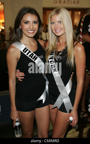 Miss Utah USA, Jamie Lynn Crandall, Miss New York USA, Amber Collins in attendance for Miss USA Chinese Laundry Hula Hoop Contest with Richard Simmons, Miracle Mile Shops at Planet Hollywood, Las Vegas, NV June 10, 2011. Photo By: James Atoa/Everett Collection Stock Photo