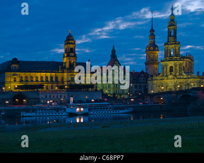 View over Elbe River to the Catholic Court Church, Hausmanns Tower Georgen Gate and Staendehouse, Dresden, Saxony, Germany Stock Photo