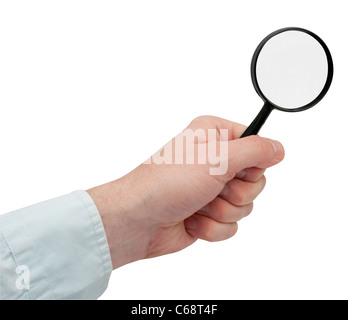 Hand Holding Magnifying Glass - Isolated on White Stock Photo