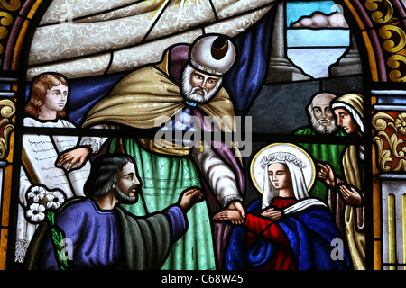 Intricate stained glass windows inside Iglesia Santa Lucia in the Plaza de Armas. Lima, Peru, South America Stock Photo