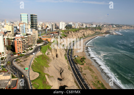 Aerial view of Miraflores and its coastal cliffs bordering the Pacific Ocean. Miraflores, Lima, Peru South America Stock Photo